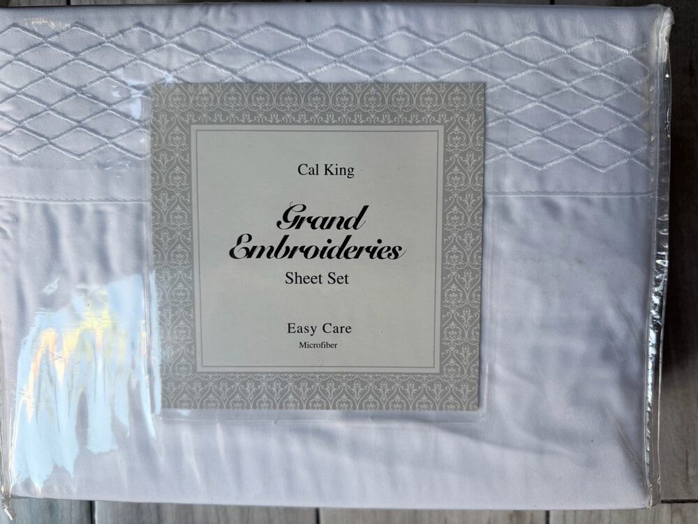 Grand Embroderies Cal King Sheet Set In White 100% Brushed Polyester New